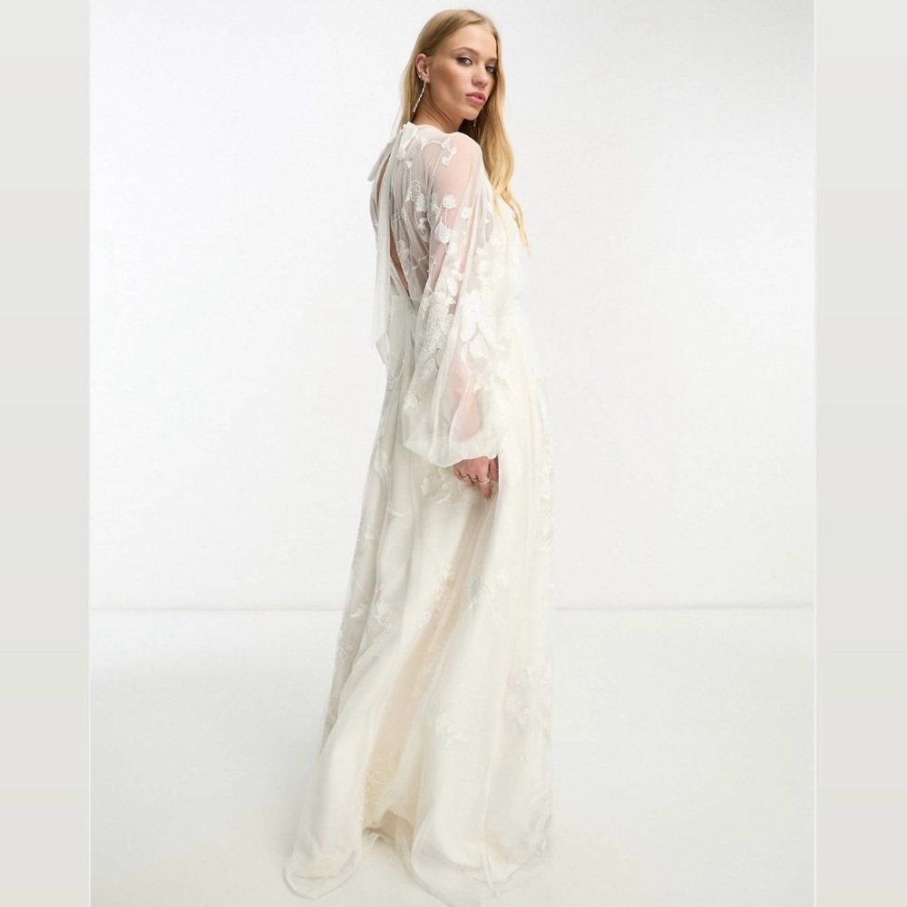 {ASOS EDITION} Elsie Embroidered, Beaded Blouson Sleeve Wedding Dress Tie Back